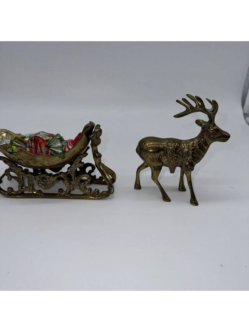 Midcentury Heavy Brass Reindeer And Sleigh long Christmas centerpiece decor